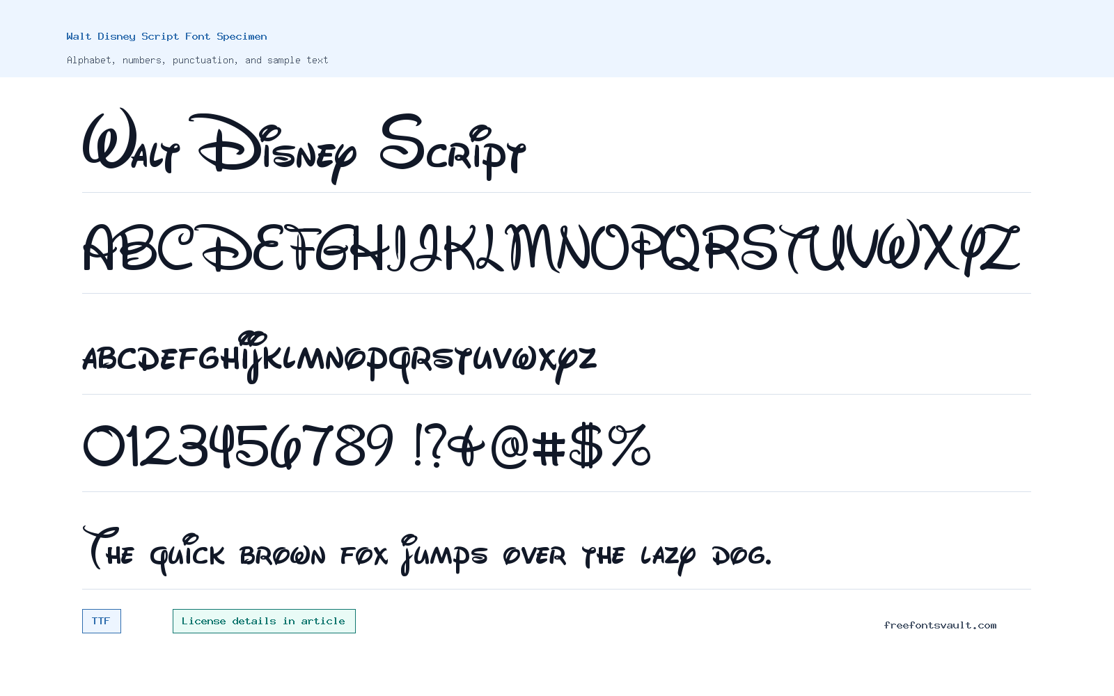 Walt Disney Script font specimen showing alphabet, numbers, and sample text