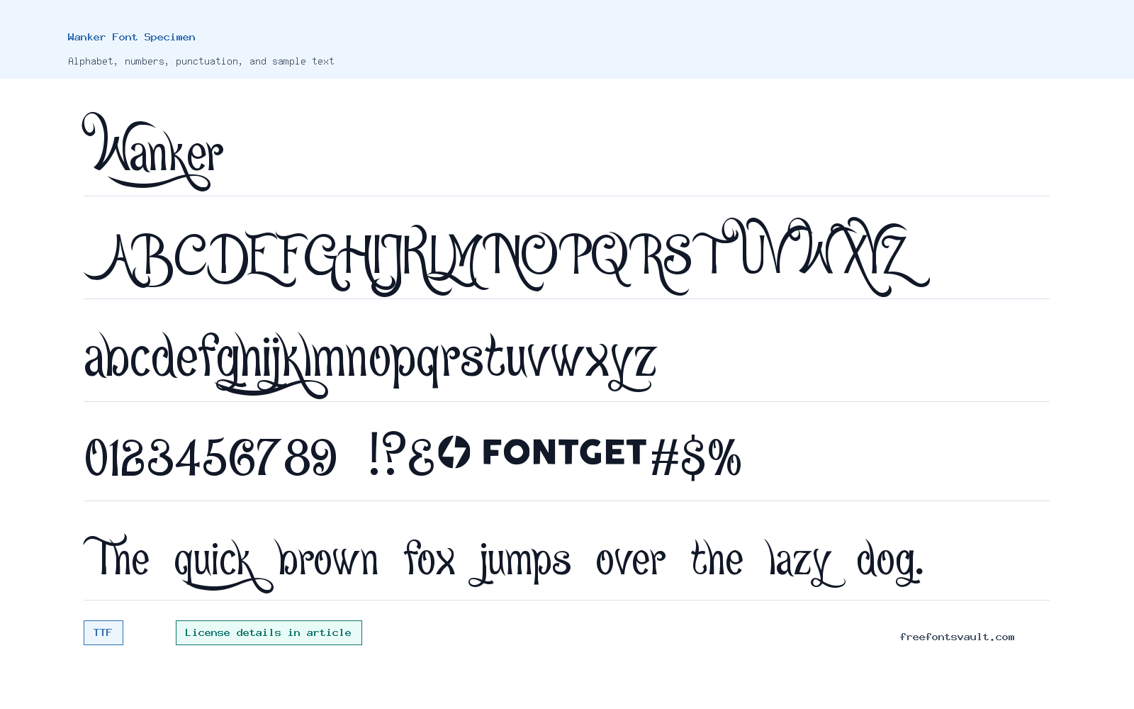 Wanker font specimen showing alphabet, numbers, and sample text