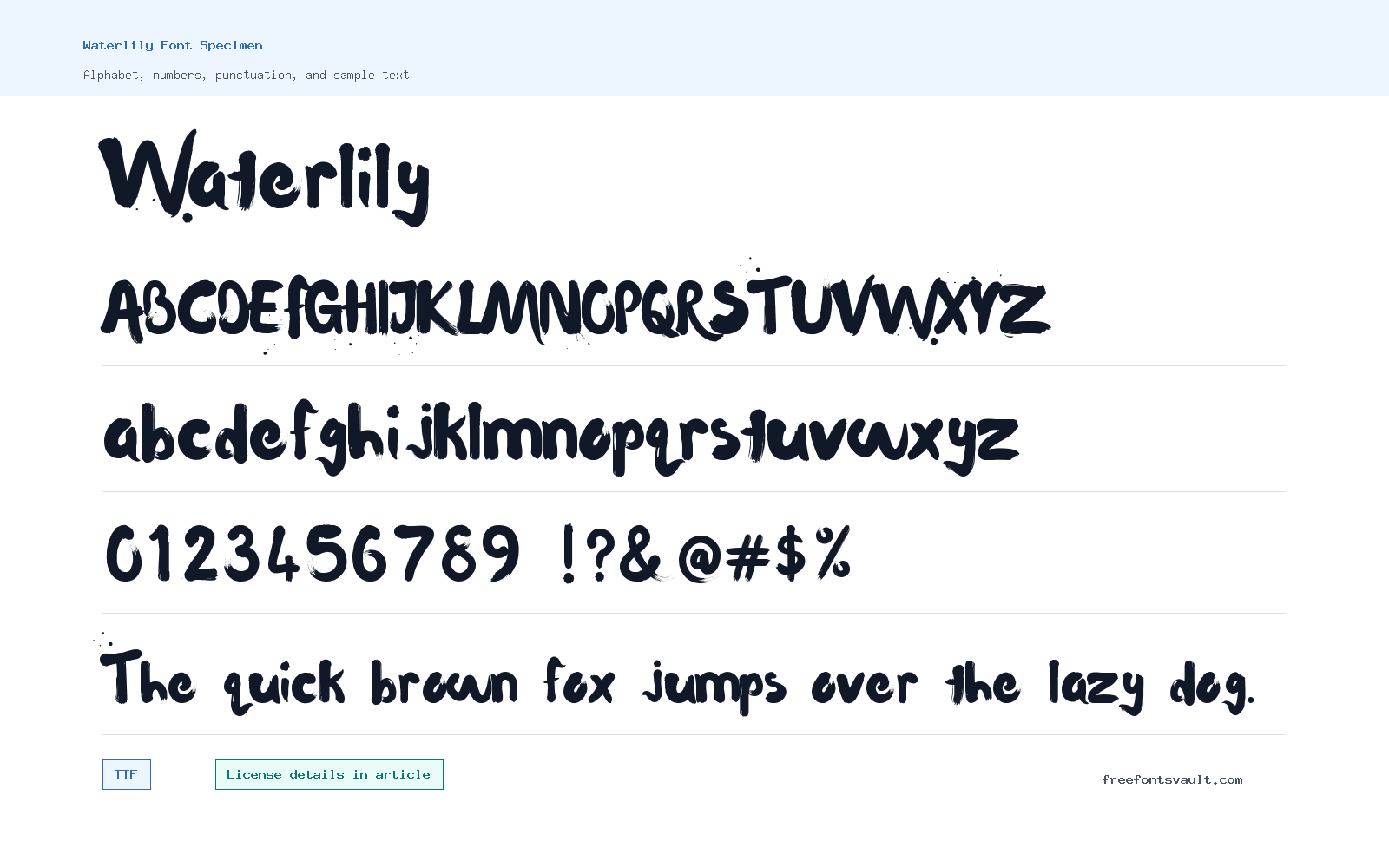 Waterlily font specimen showing alphabet, numbers, and sample text