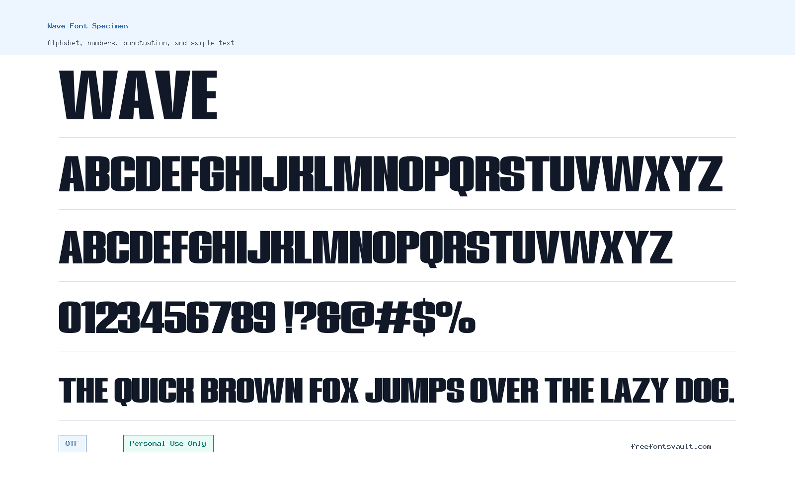 Wave font specimen showing alphabet, numbers, and sample text