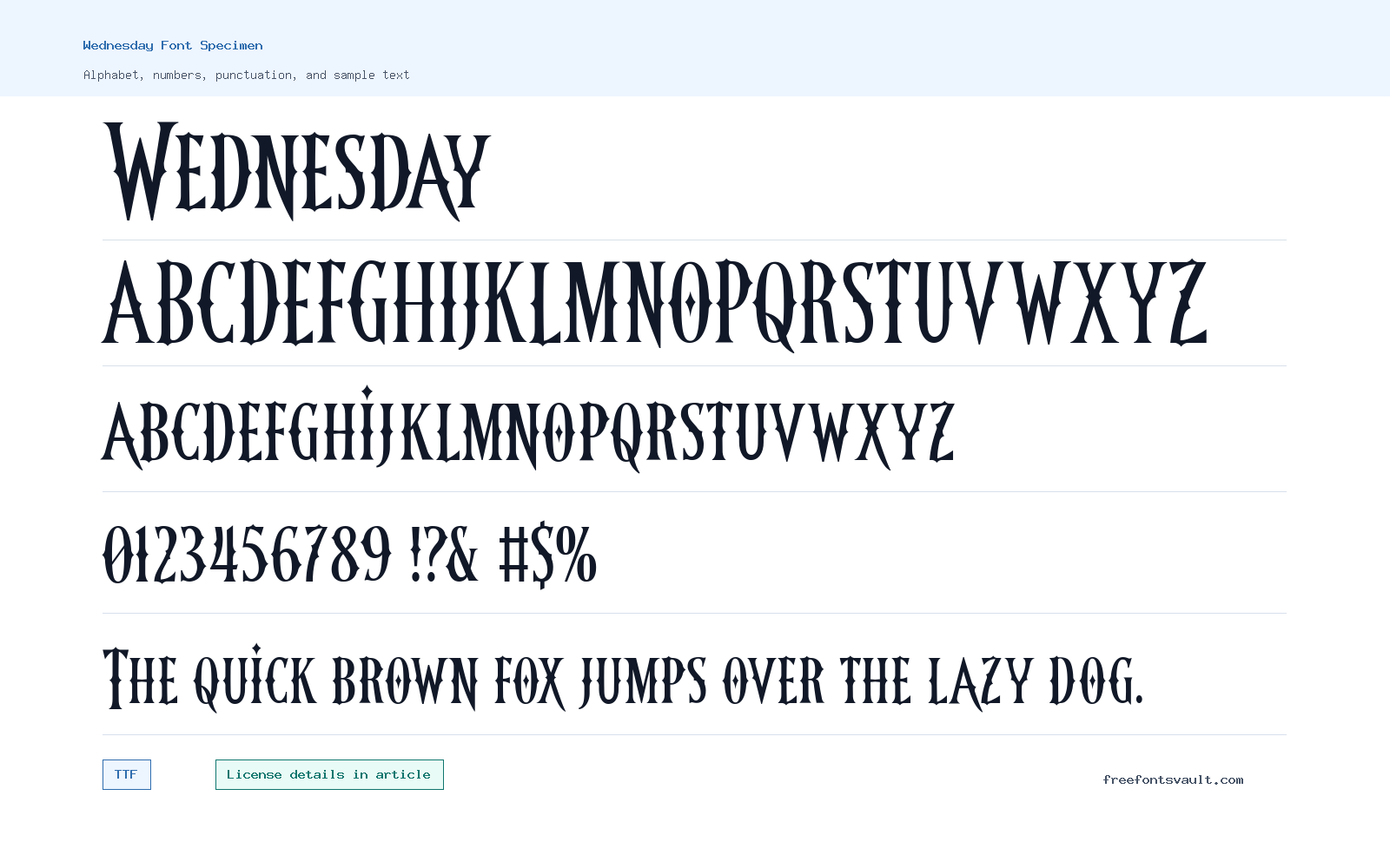 Wednesday font specimen showing alphabet, numbers, and sample text