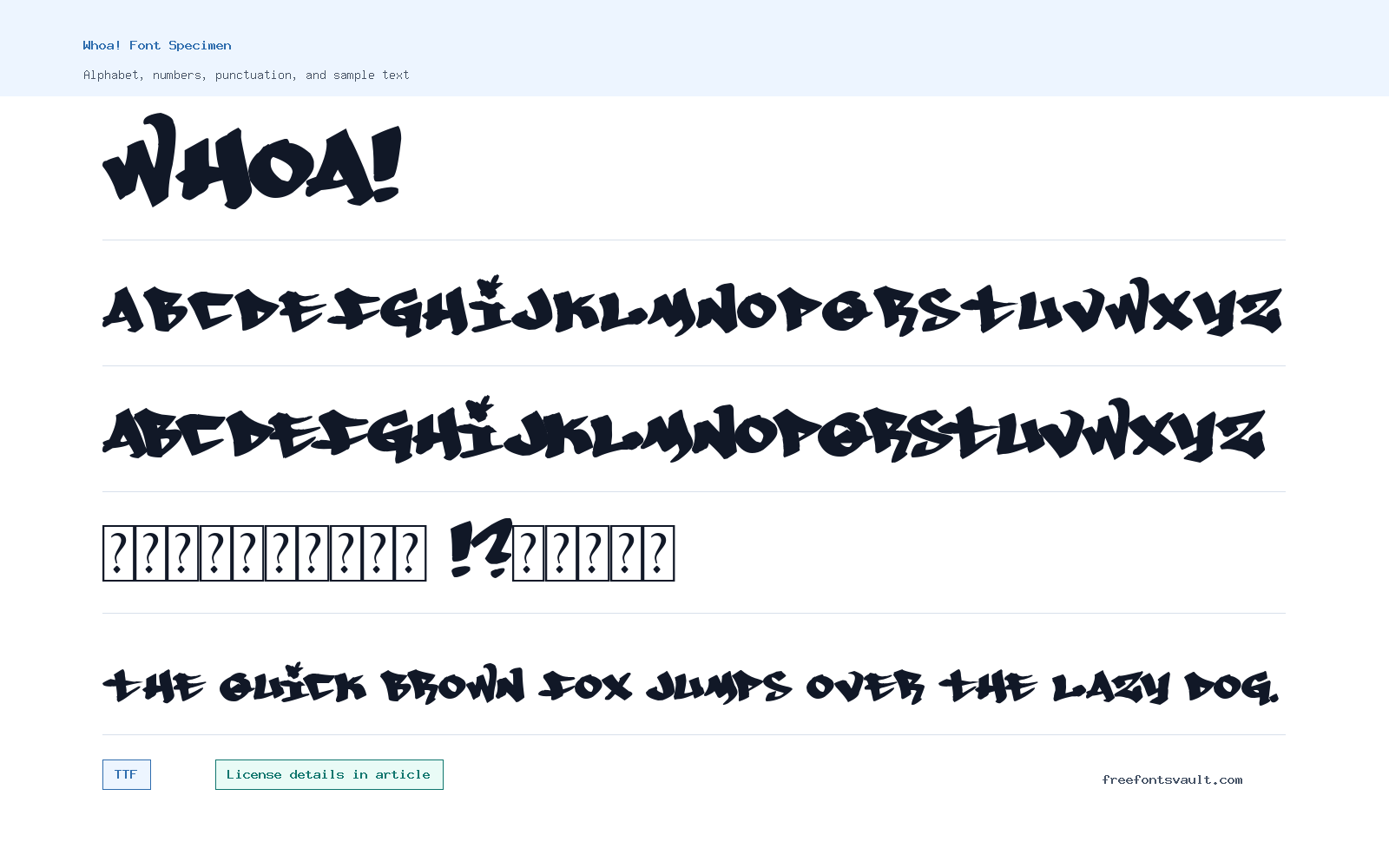 Whoa! font specimen showing alphabet, numbers, and sample text