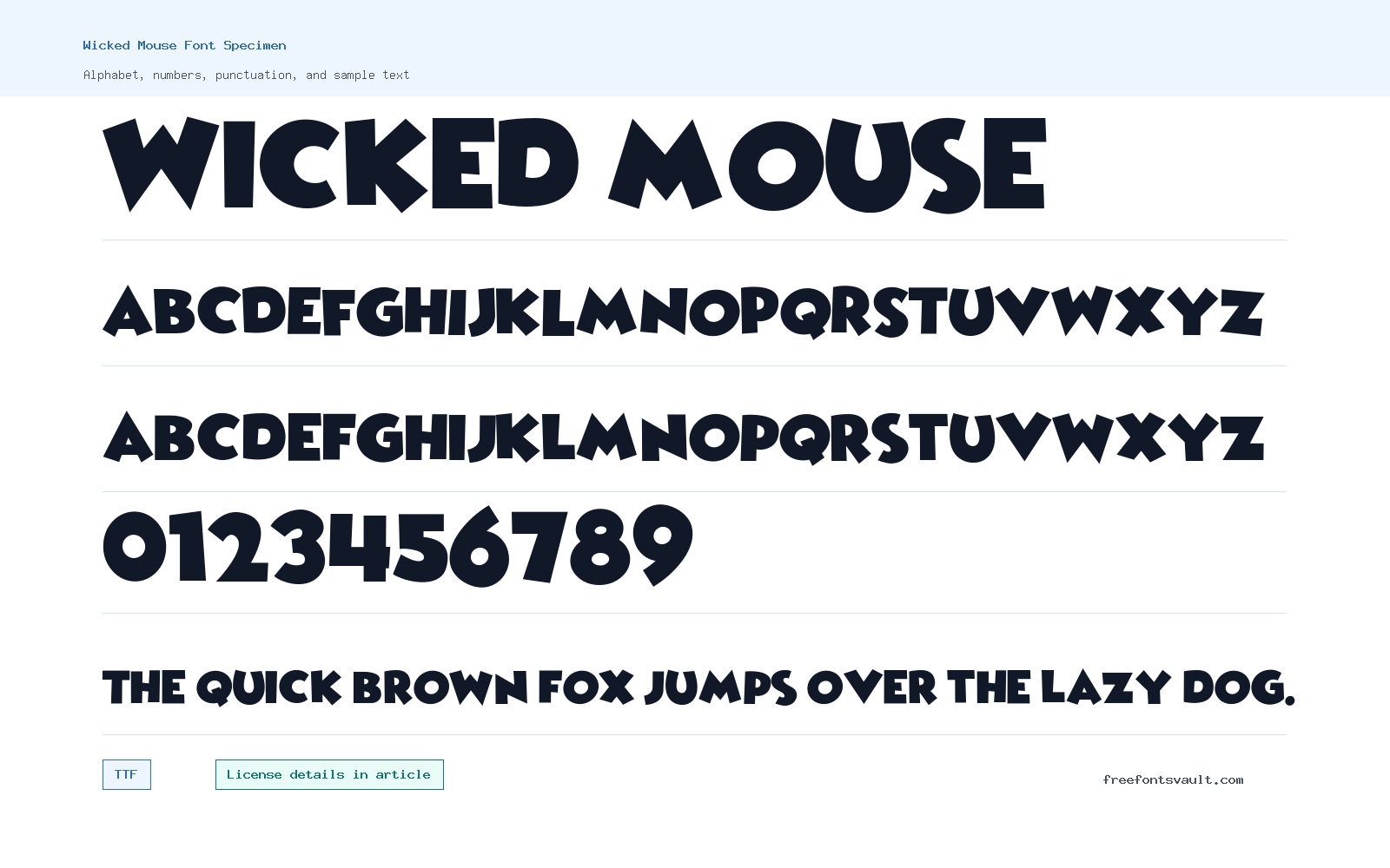Wicked Mouse font specimen showing alphabet, numbers, and sample text