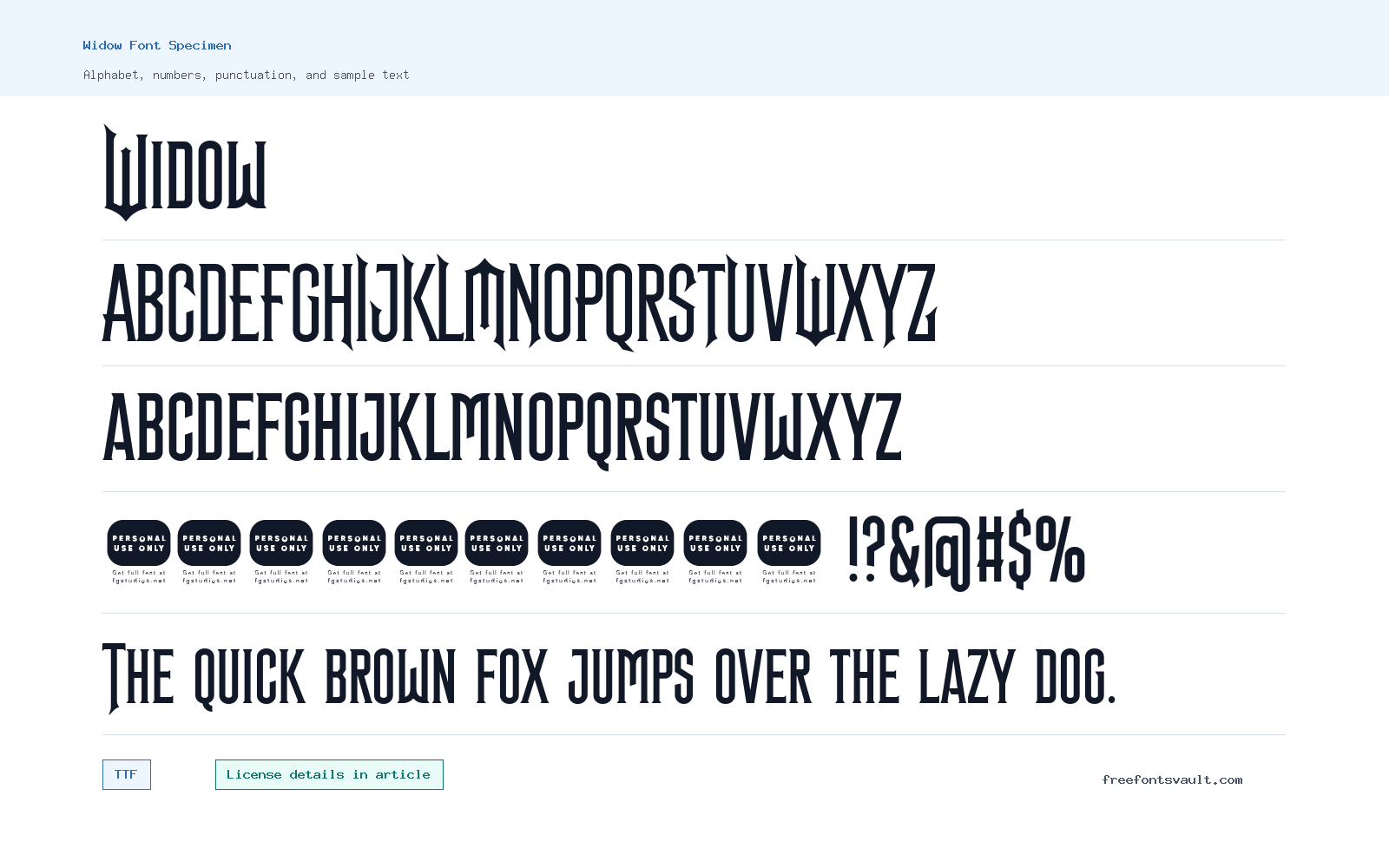 Widow font specimen showing alphabet, numbers, and sample text