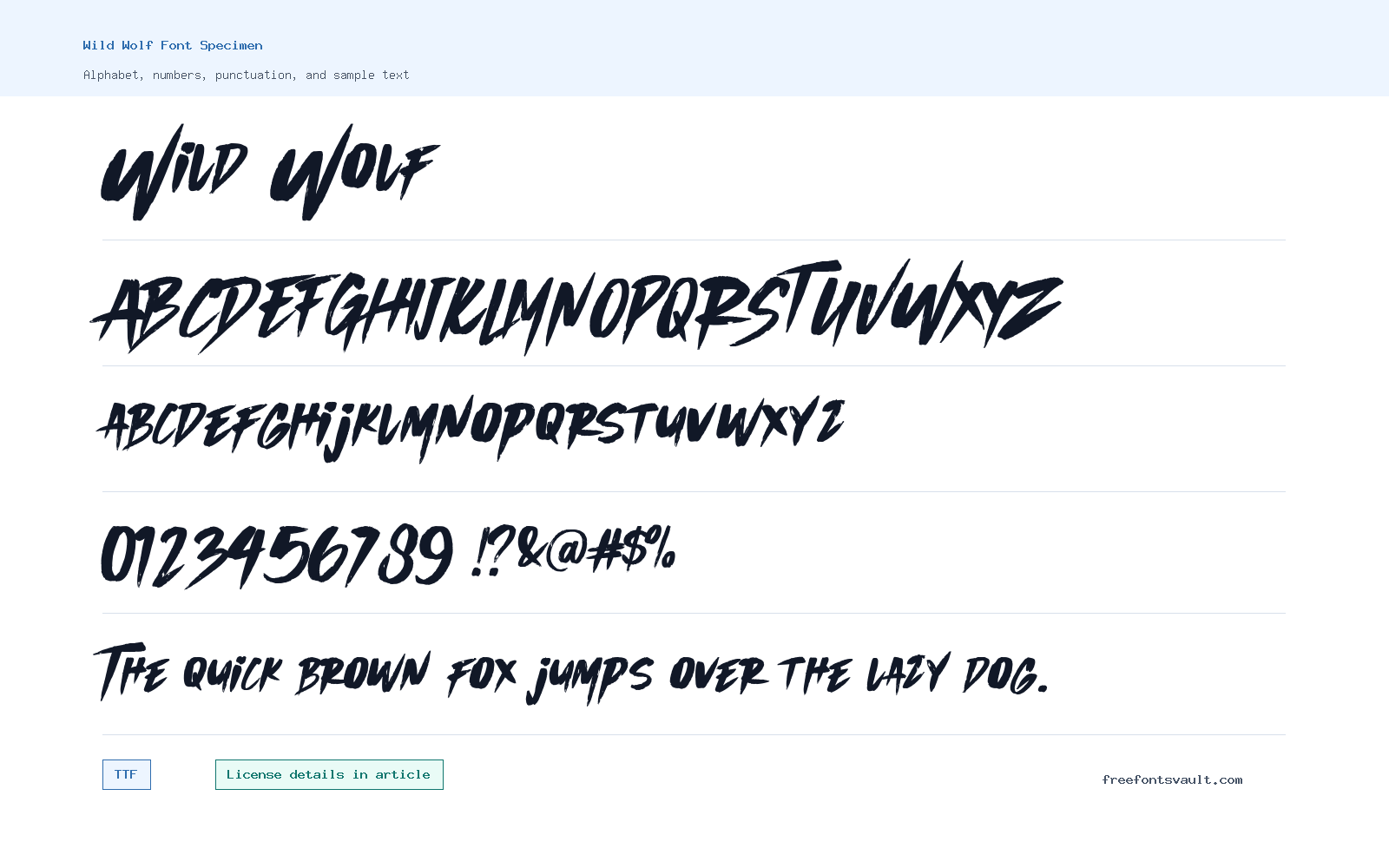 Wild Wolf font specimen showing alphabet, numbers, and sample text