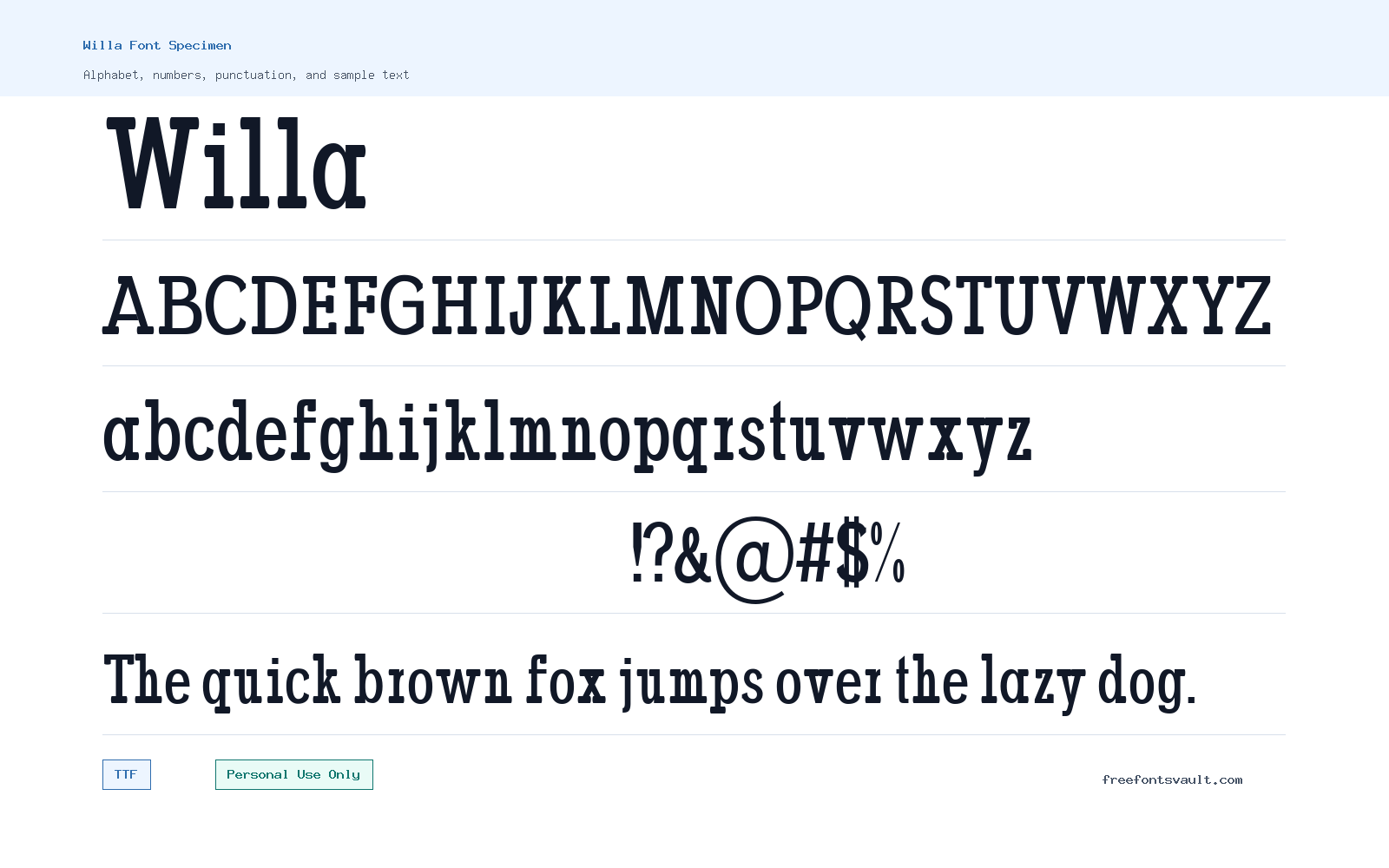 Willa font specimen showing alphabet, numbers, and sample text