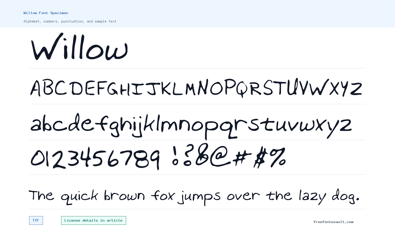 Willow font specimen showing alphabet, numbers, and sample text