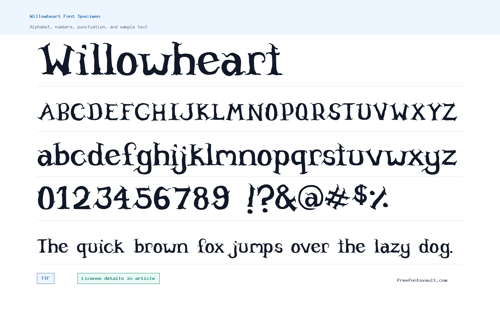 Willowheart font specimen showing alphabet, numbers, and sample text