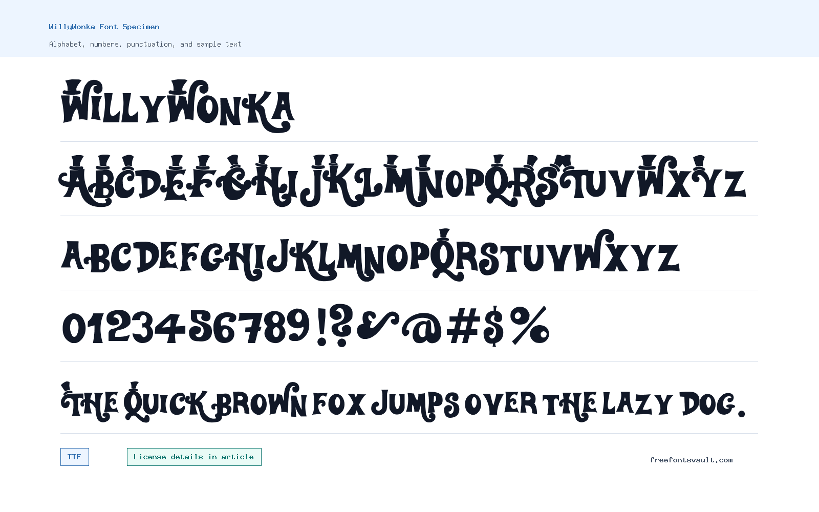 WillyWonka font specimen showing alphabet, numbers, and sample text