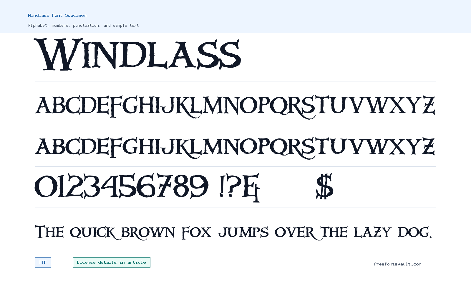 Windlass font specimen showing alphabet, numbers, and sample text