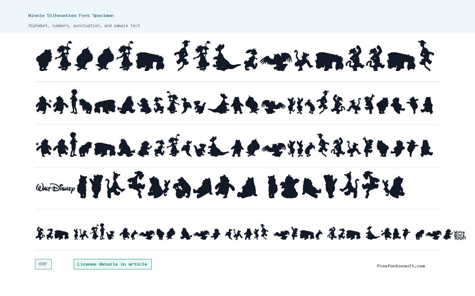 Winnie Silhouettes font specimen showing alphabet, numbers, and sample text