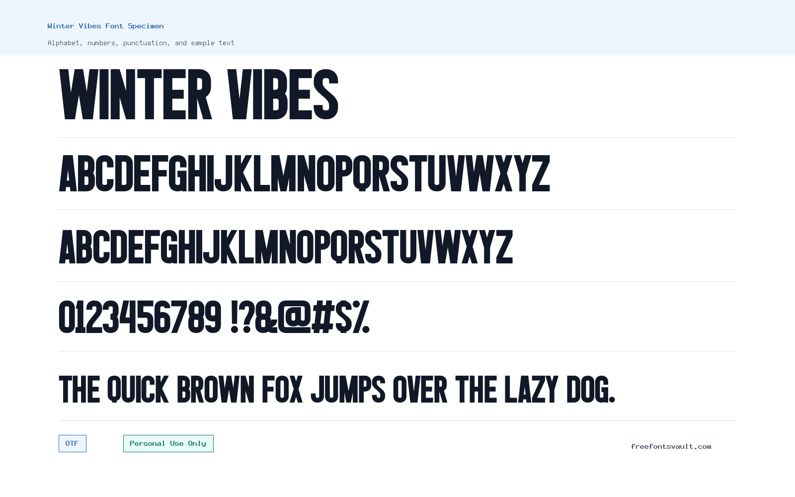 Winter Vibes font specimen showing alphabet, numbers, and sample text