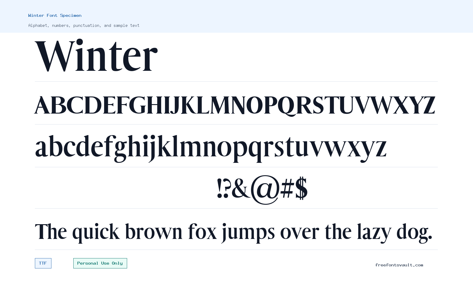 Winter font specimen showing alphabet, numbers, and sample text