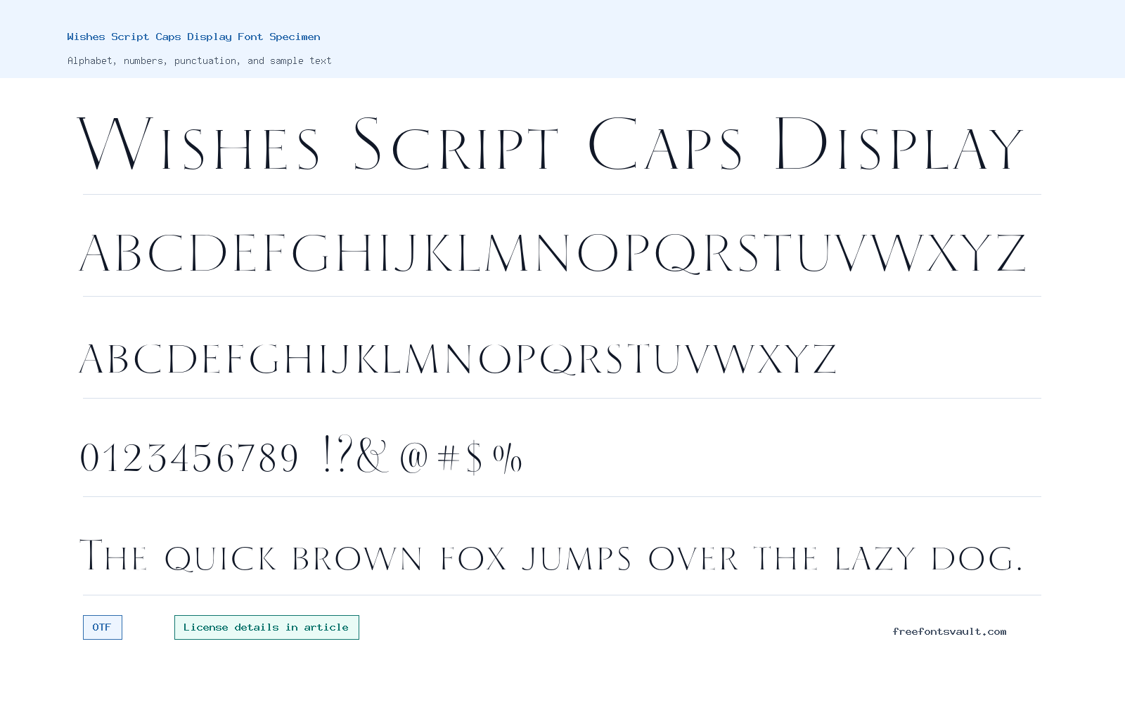 Wishes Script Caps Display font specimen showing alphabet, numbers, and sample text