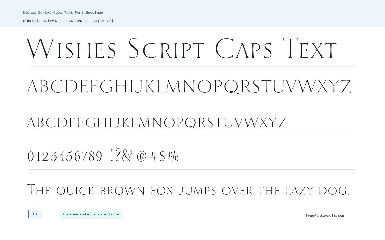 Wishes Script Caps Text font specimen showing alphabet, numbers, and sample text