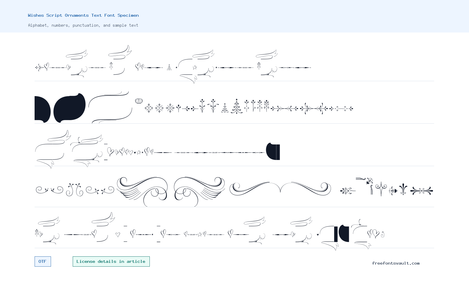 Wishes Script Ornaments Text font specimen showing alphabet, numbers, and sample text