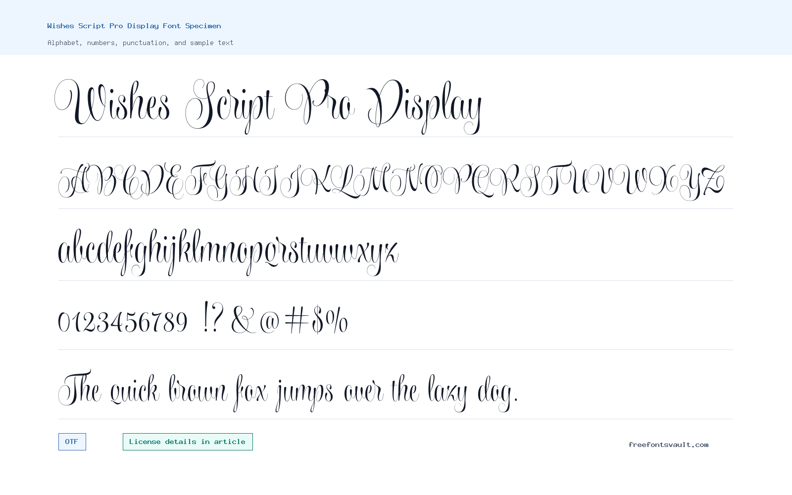 Wishes Script Pro Display font specimen showing alphabet, numbers, and sample text