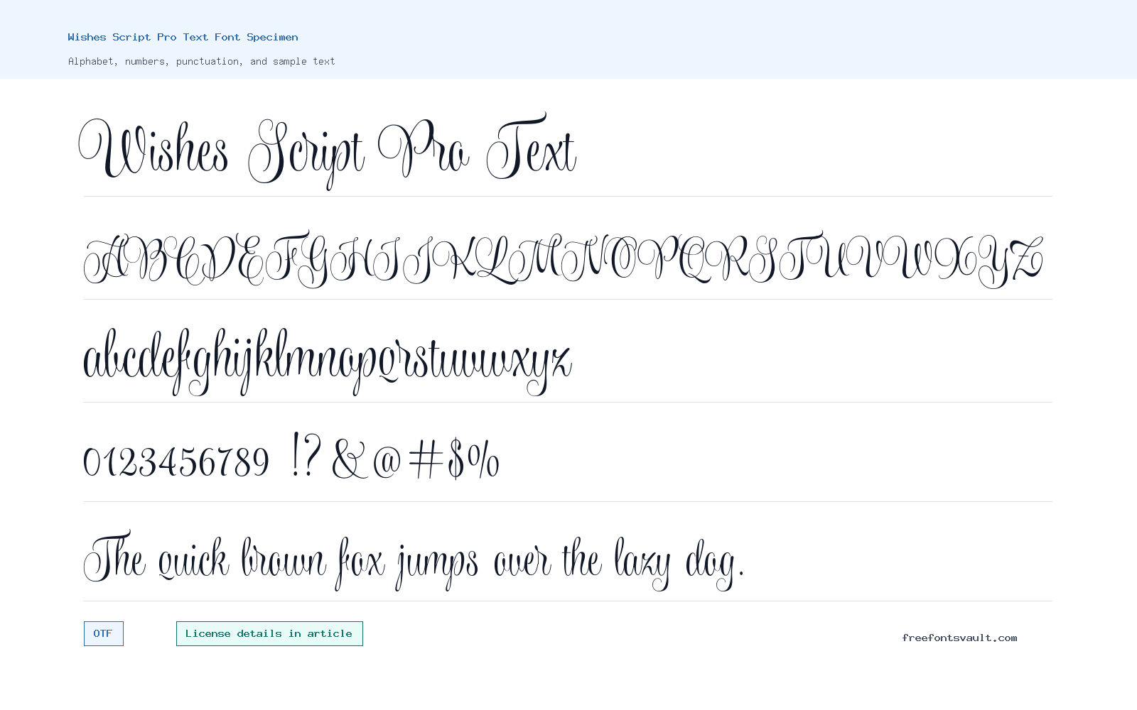 Wishes Script Pro Text font specimen showing alphabet, numbers, and sample text