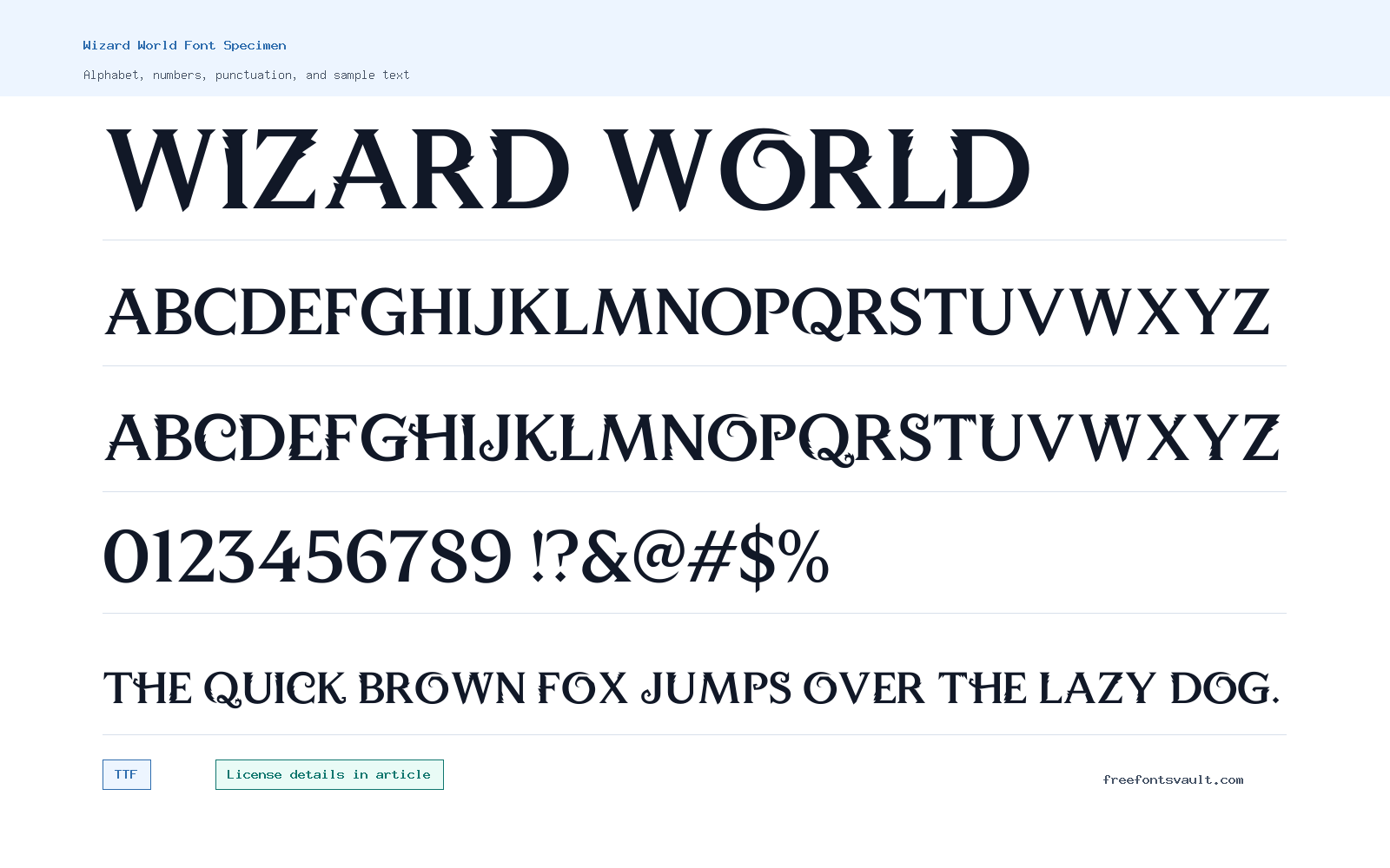 Wizard World font specimen showing alphabet, numbers, and sample text