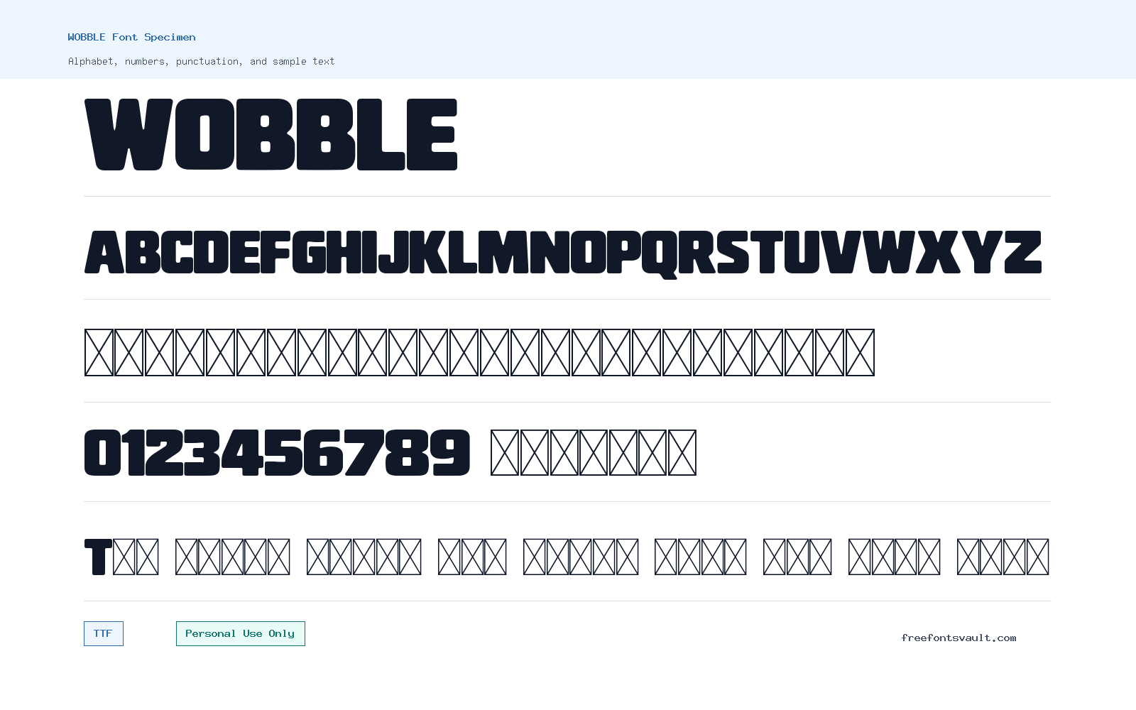 WOBBLE font specimen showing alphabet, numbers, and sample text