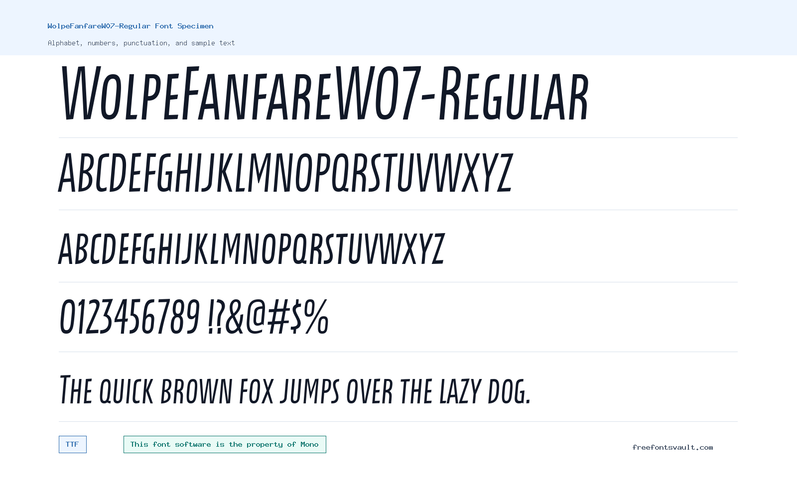 WolpeFanfareW07-Regular font specimen showing alphabet, numbers, and sample text