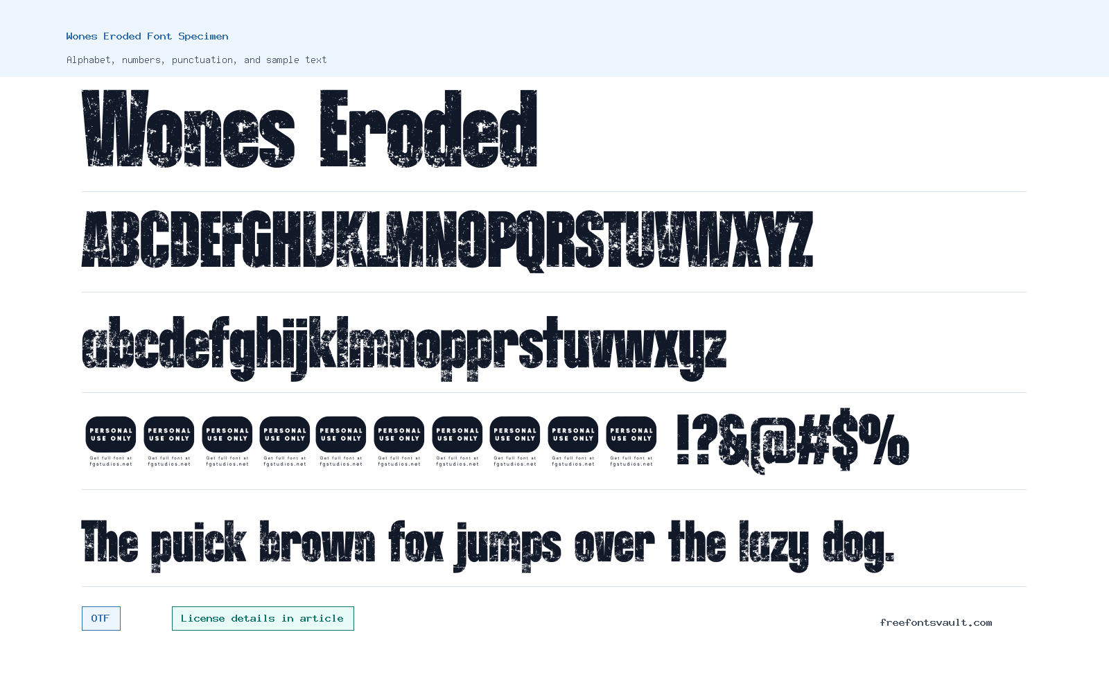 Wones Eroded font specimen showing alphabet, numbers, and sample text