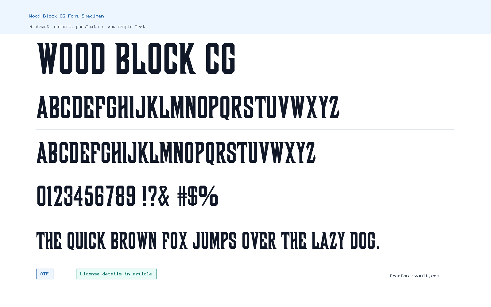 Wood Block CG font specimen showing alphabet, numbers, and sample text