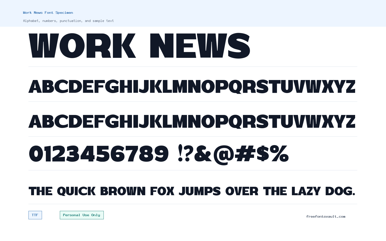 Work News font specimen showing alphabet, numbers, and sample text