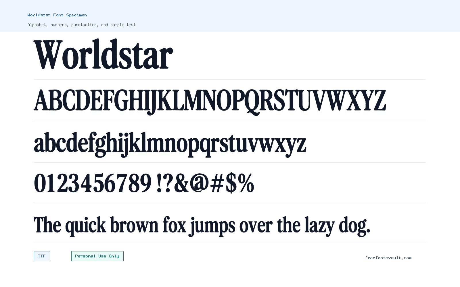 Worldstar font specimen showing alphabet, numbers, and sample text