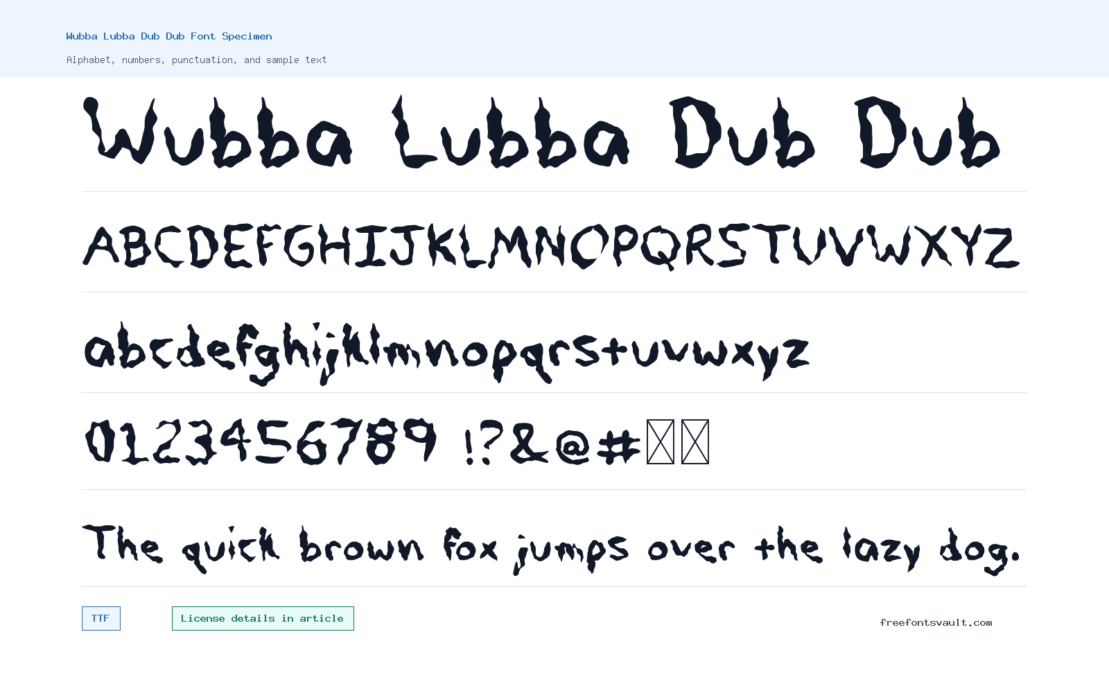 Wubba Lubba Dub Dub font specimen showing alphabet, numbers, and sample text