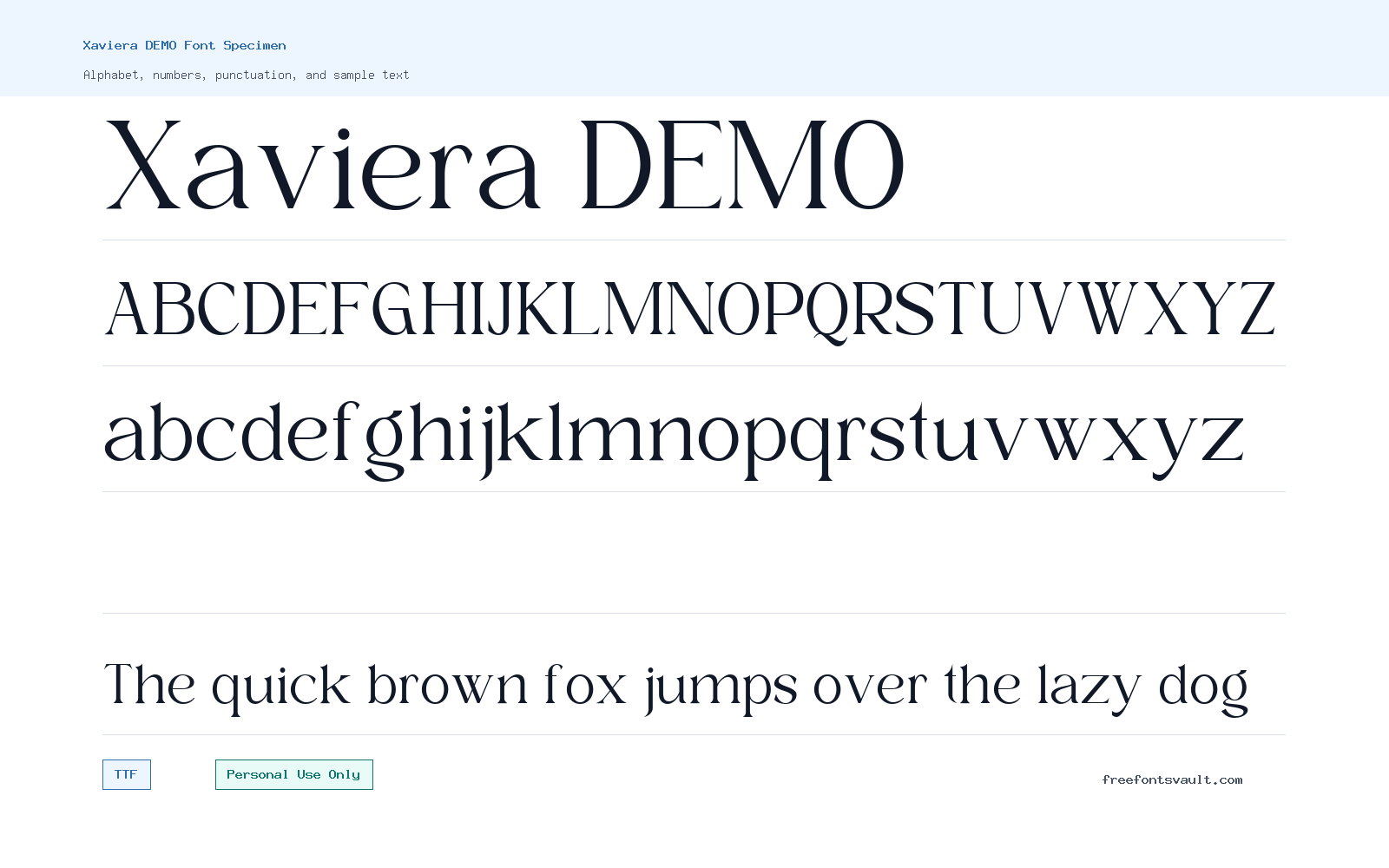 Xaviera DEMO font specimen showing alphabet, numbers, and sample text