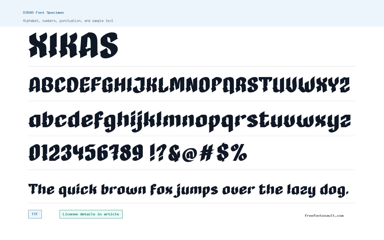 XIKAS font specimen showing alphabet, numbers, and sample text