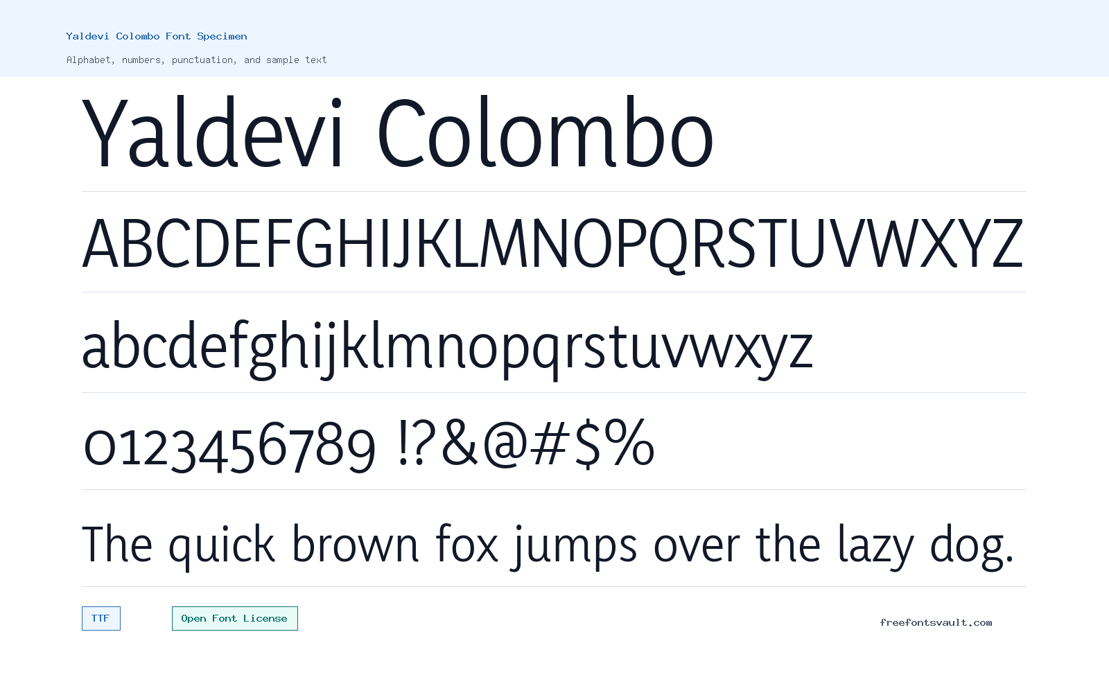 Yaldevi Colombo font specimen showing alphabet, numbers, and sample text