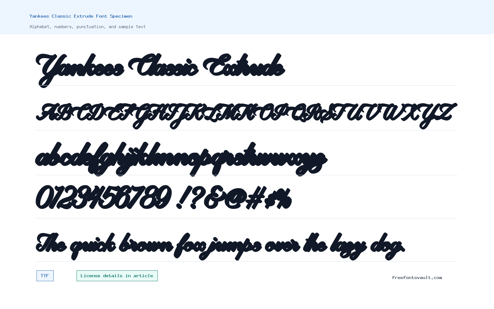 Yankees Classic Extrude font specimen showing alphabet, numbers, and sample text