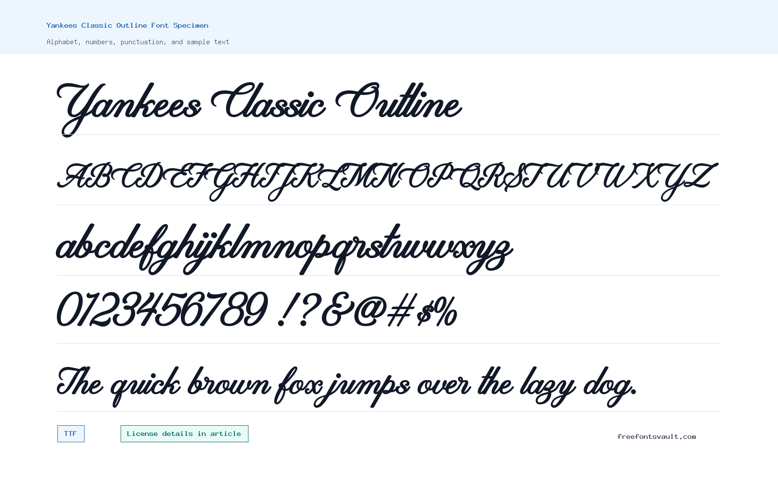 Yankees Classic Outline font specimen showing alphabet, numbers, and sample text
