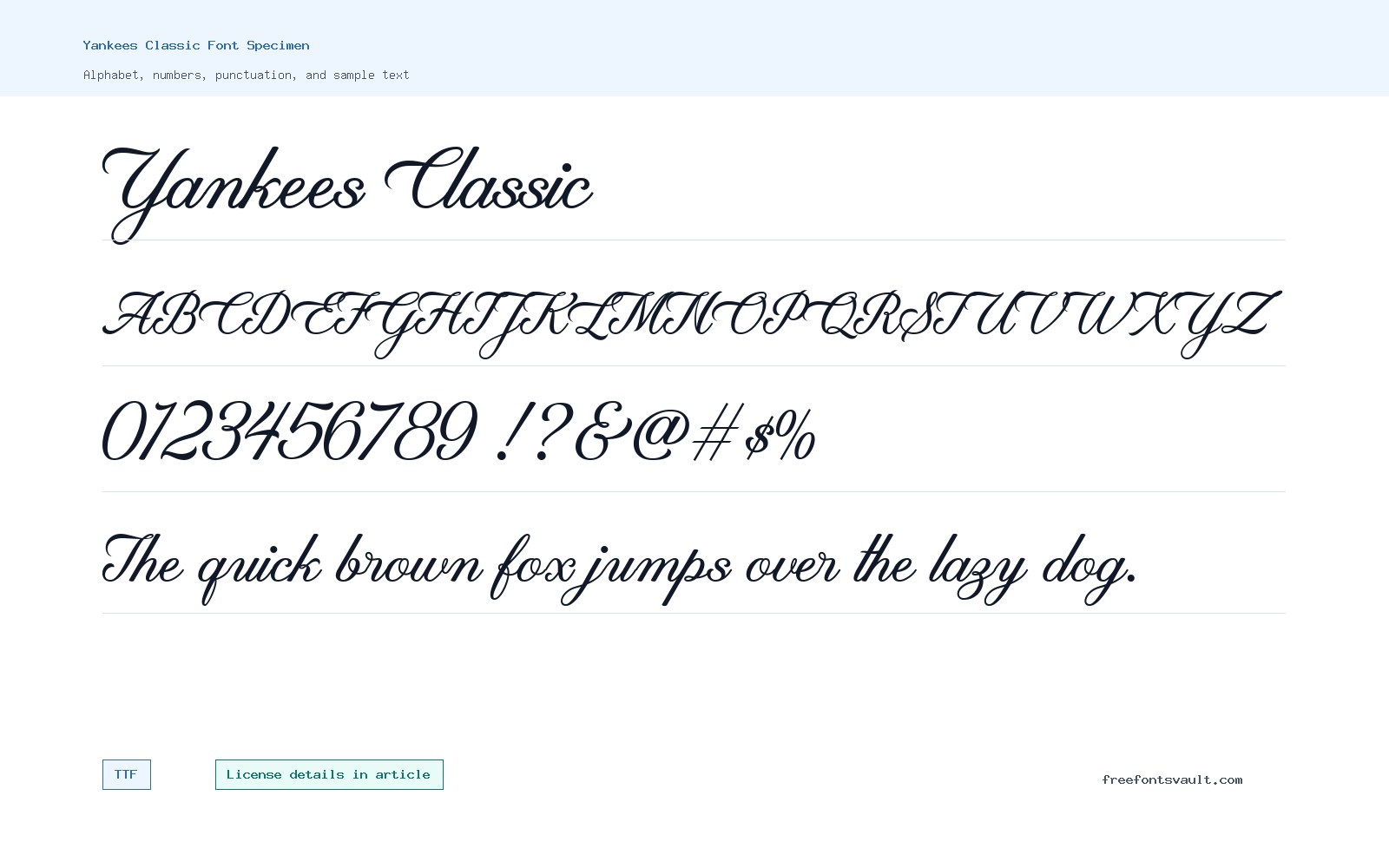 Yankees Classic font specimen showing alphabet, numbers, and sample text