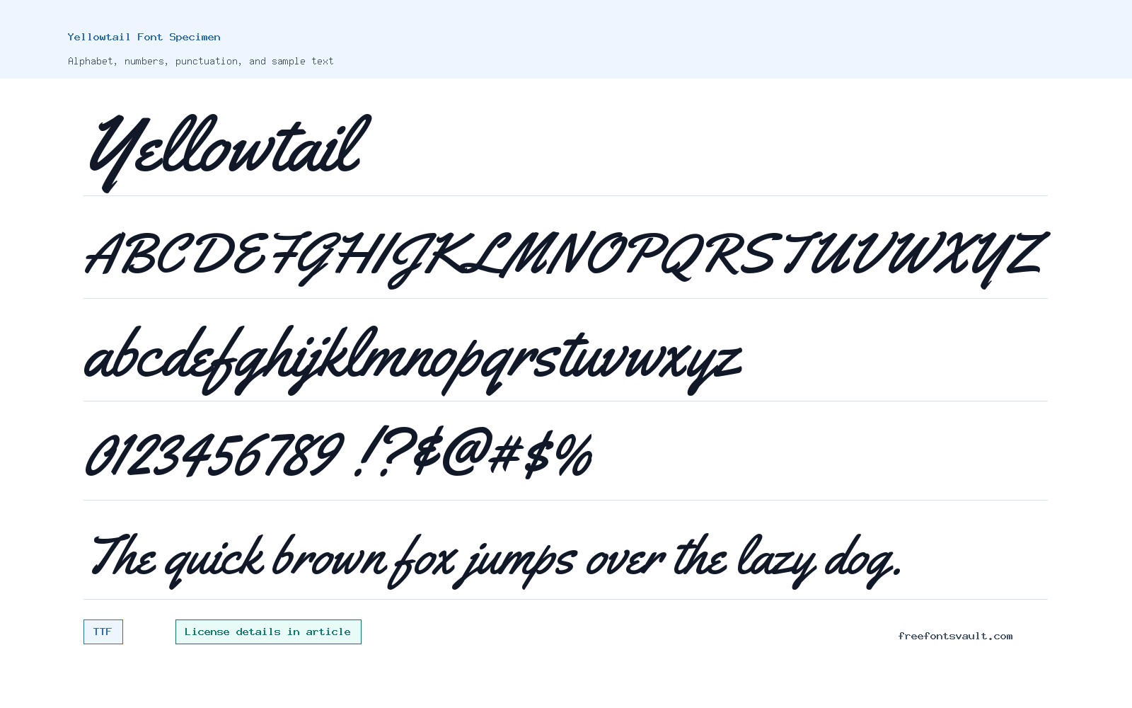 Yellowtail font specimen showing alphabet, numbers, and sample text