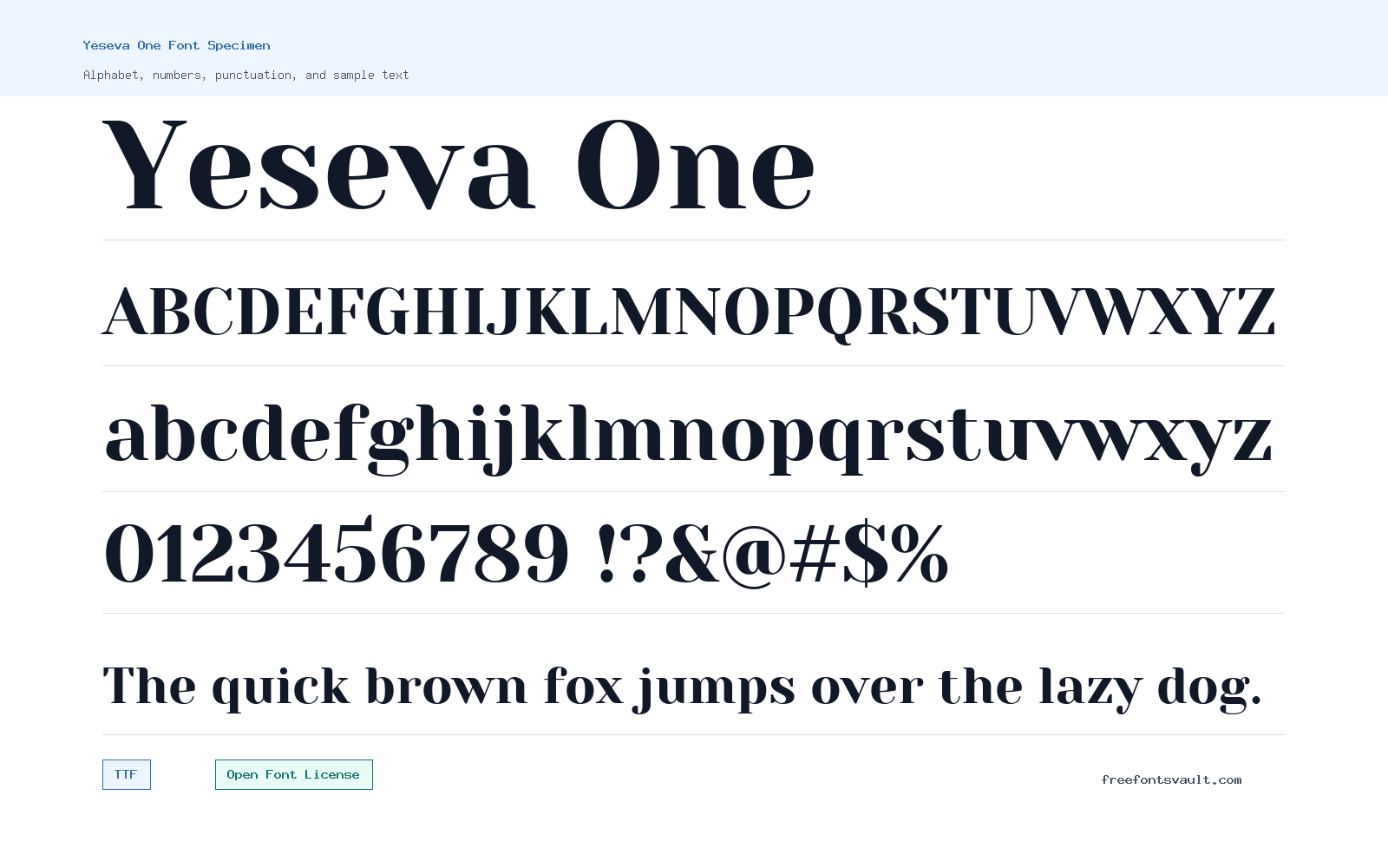 Yeseva One font specimen showing alphabet, numbers, and sample text