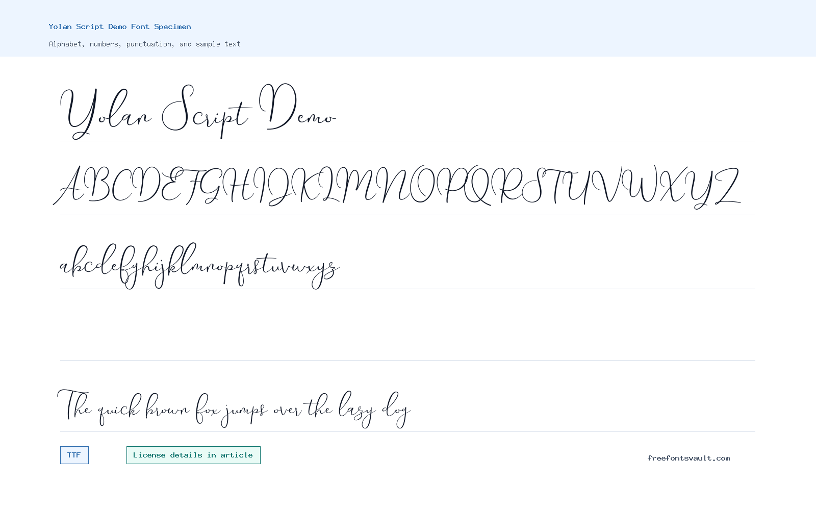 Yolan Script Demo font specimen showing alphabet, numbers, and sample text