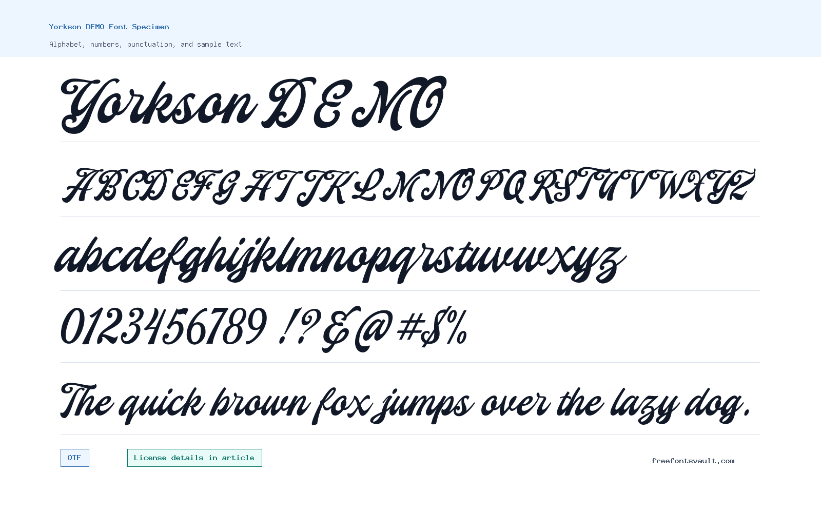 Yorkson DEMO font specimen showing alphabet, numbers, and sample text