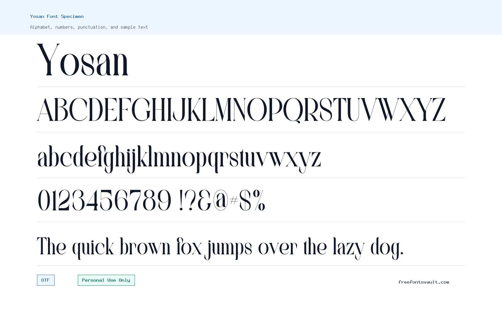 Yosan font specimen showing alphabet, numbers, and sample text