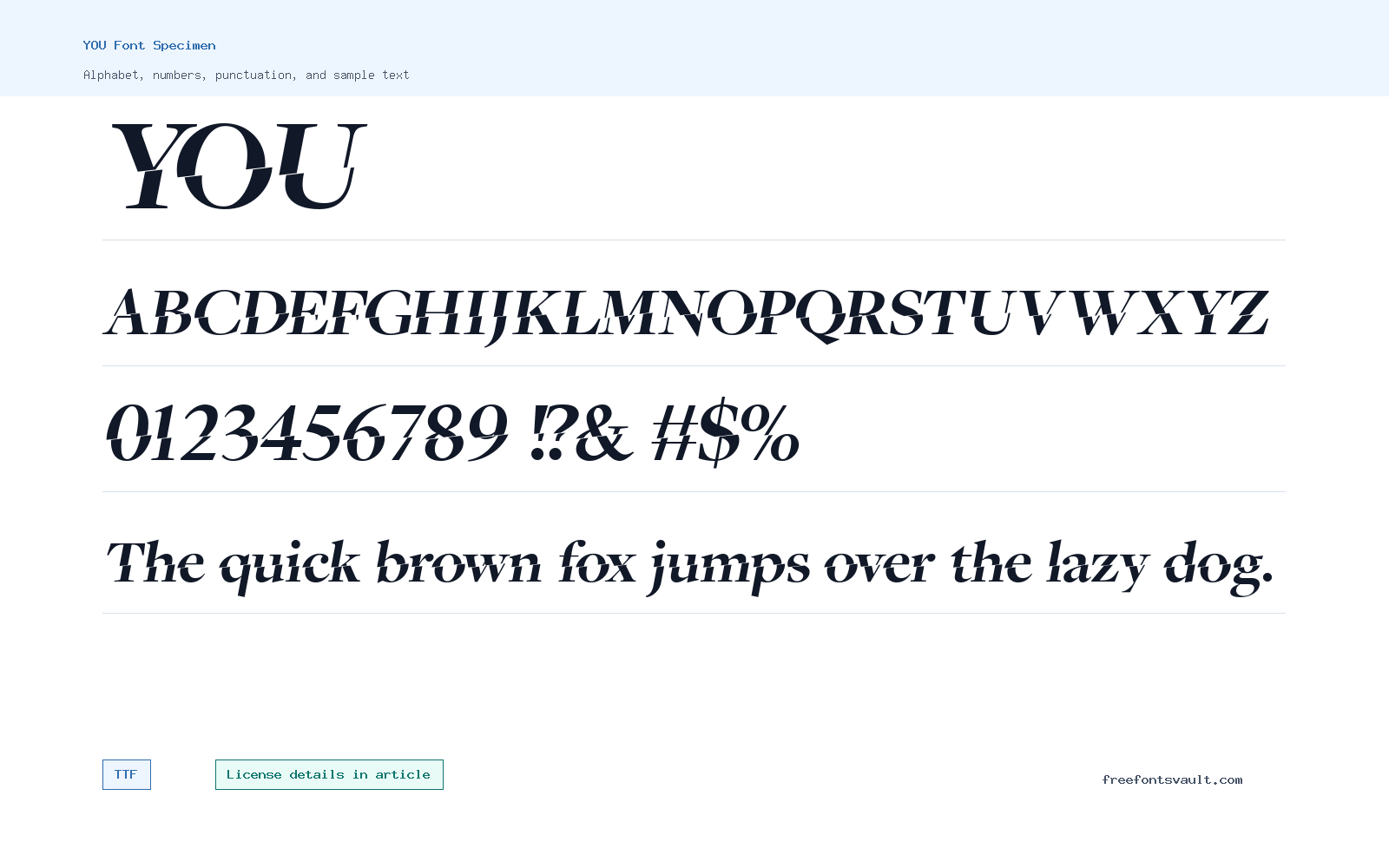 YOU font specimen showing alphabet, numbers, and sample text