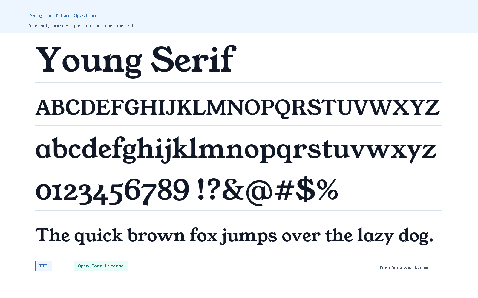 Young Serif font specimen showing alphabet, numbers, and sample text