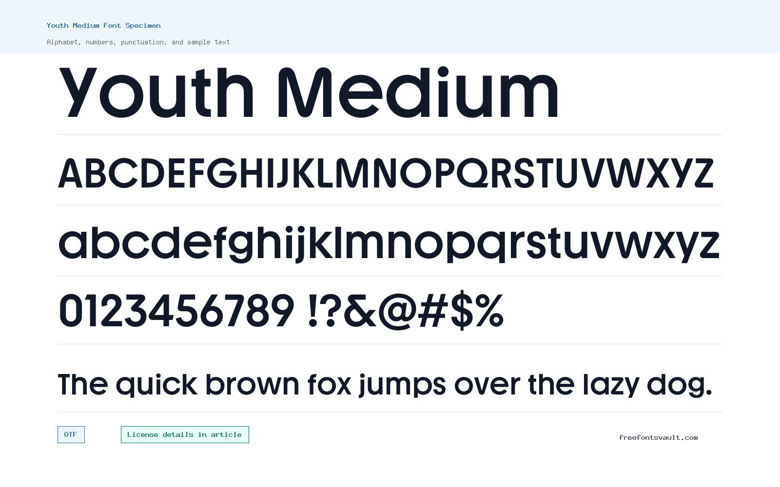 Youth Medium font specimen showing alphabet, numbers, and sample text