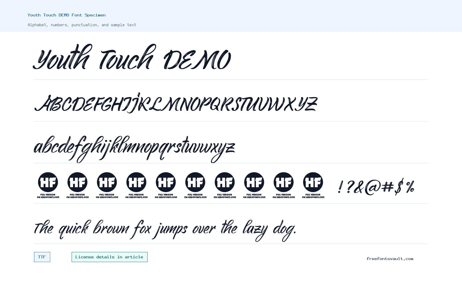 Youth Touch DEMO font specimen showing alphabet, numbers, and sample text