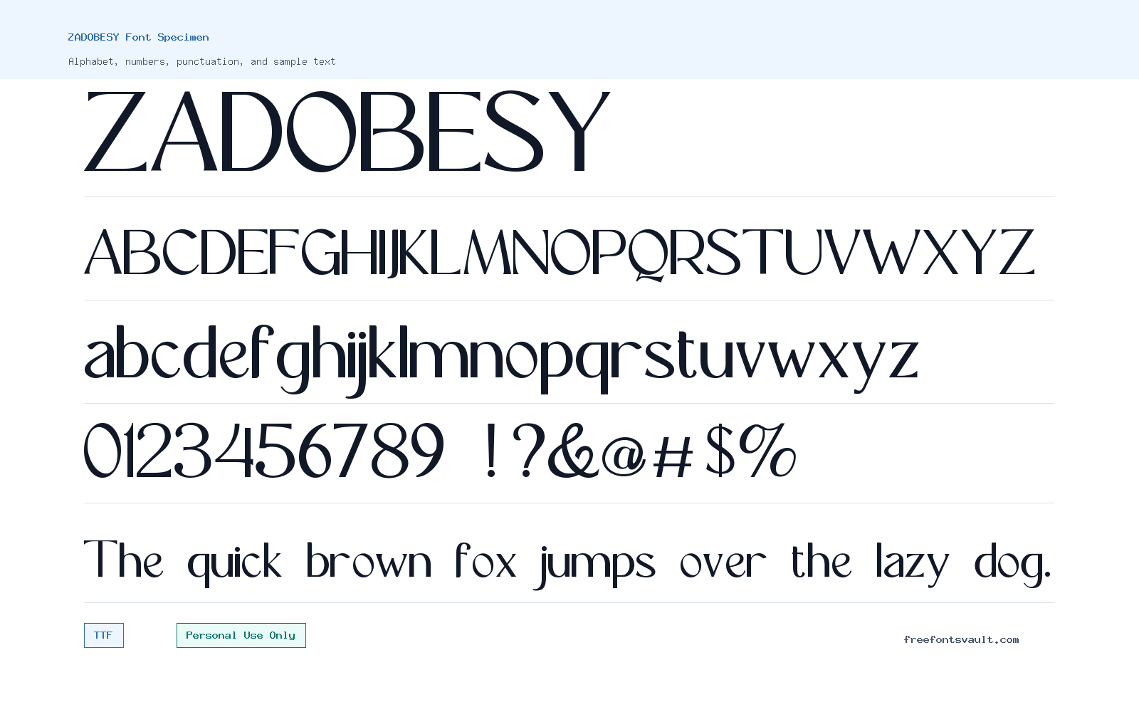 ZADOBESY font specimen showing alphabet, numbers, and sample text