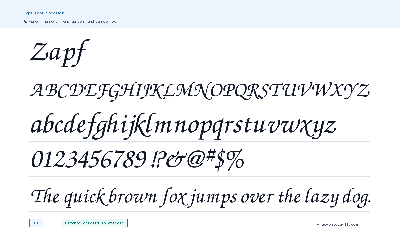 Zapf font specimen showing alphabet, numbers, and sample text