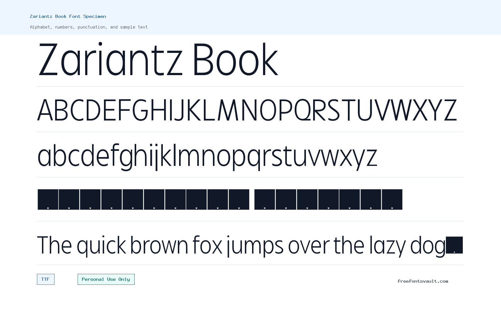 Zariantz Book font specimen showing alphabet, numbers, and sample text