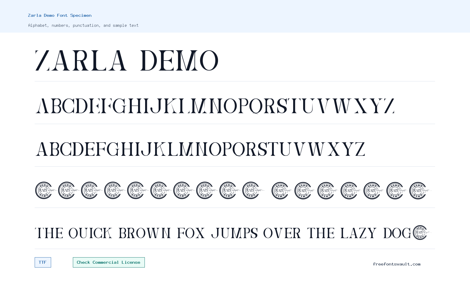 Zarla Demo font specimen showing alphabet, numbers, and sample text