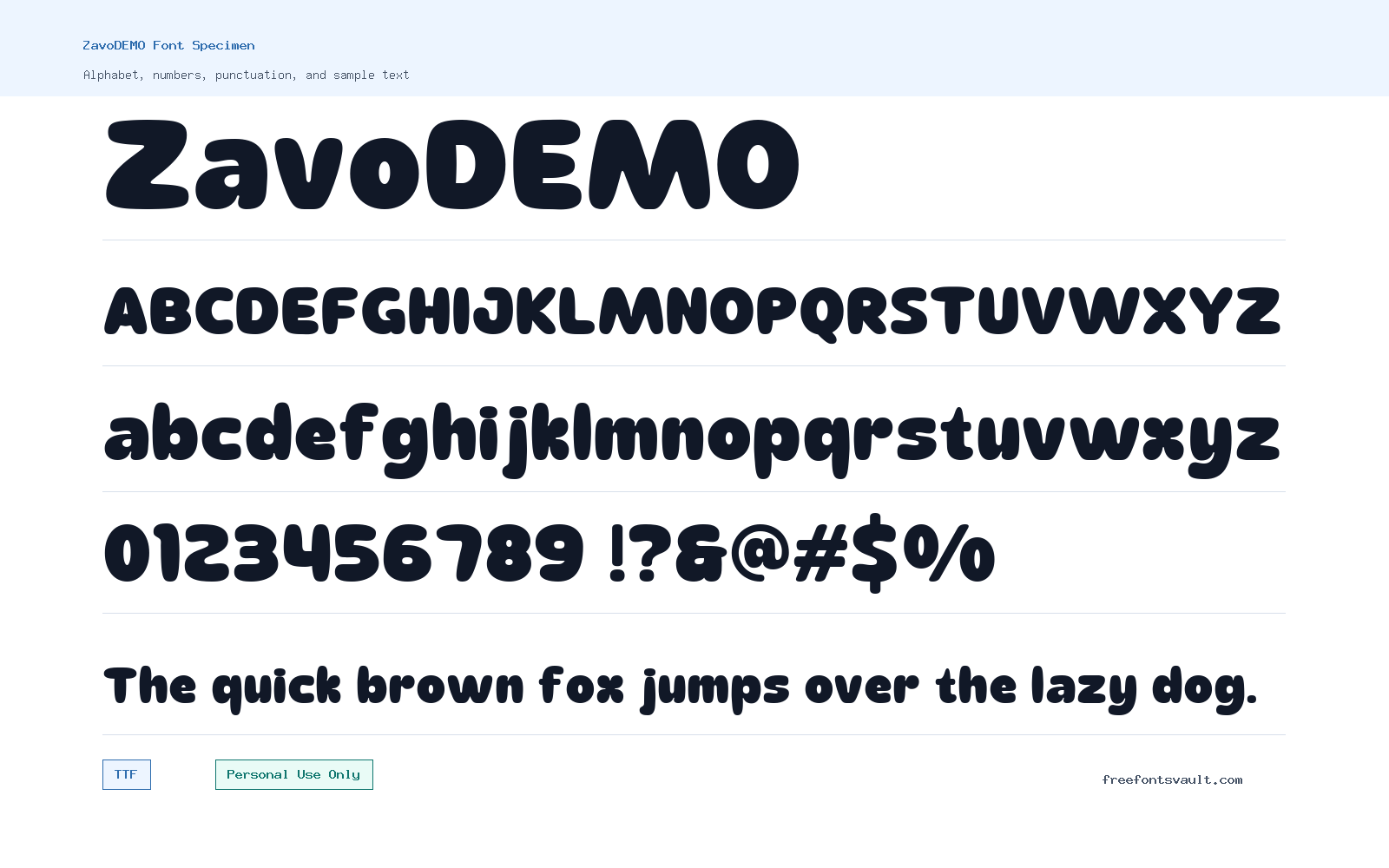 ZavoDEMO font specimen showing alphabet, numbers, and sample text